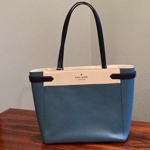 Kate Spade Staci Laptop Tote Triple Compartment Leather blue/cream